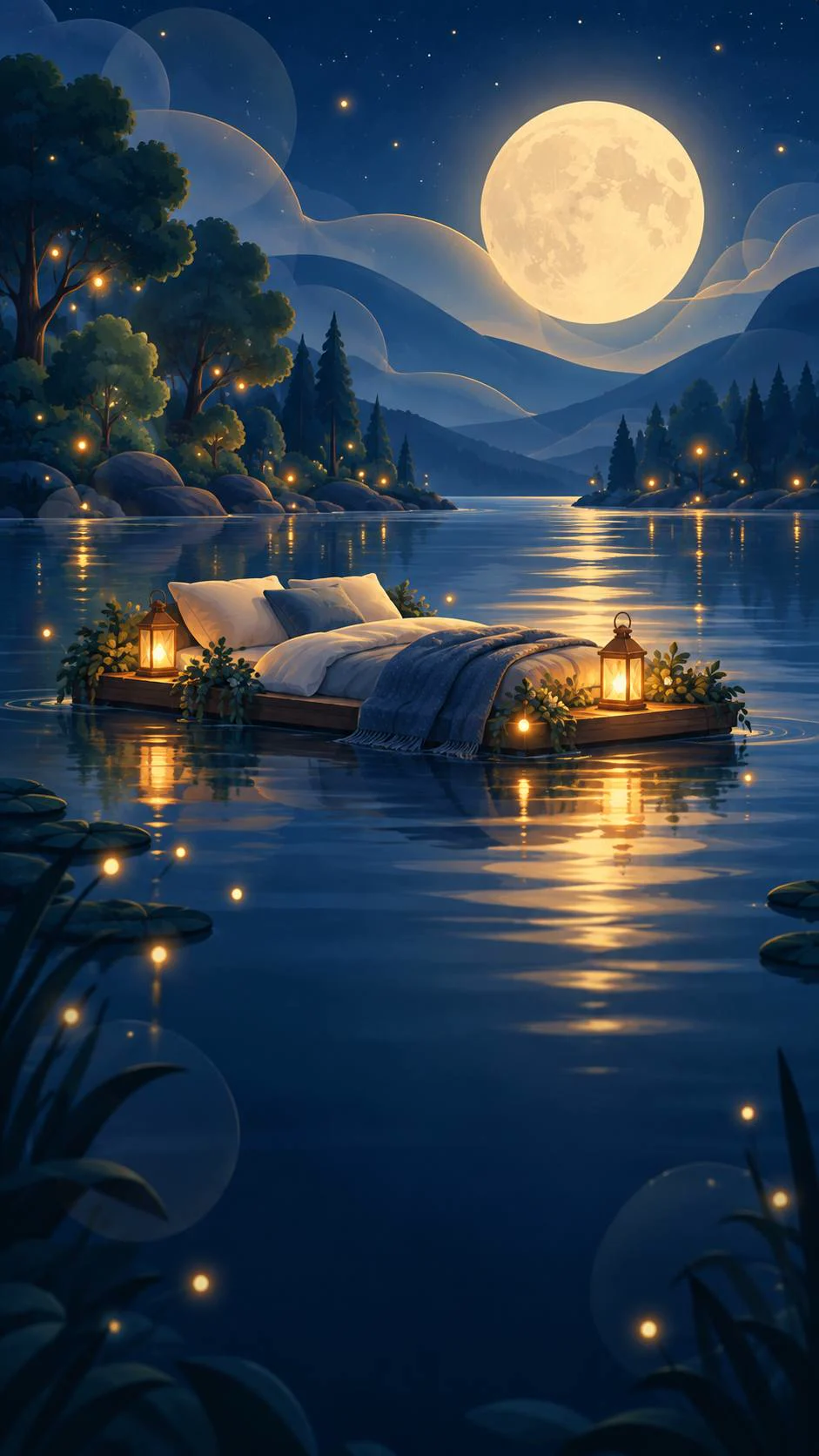 Illustration from the app: a bed floating on a moonlit lake, two lanterns glowing at its corners.